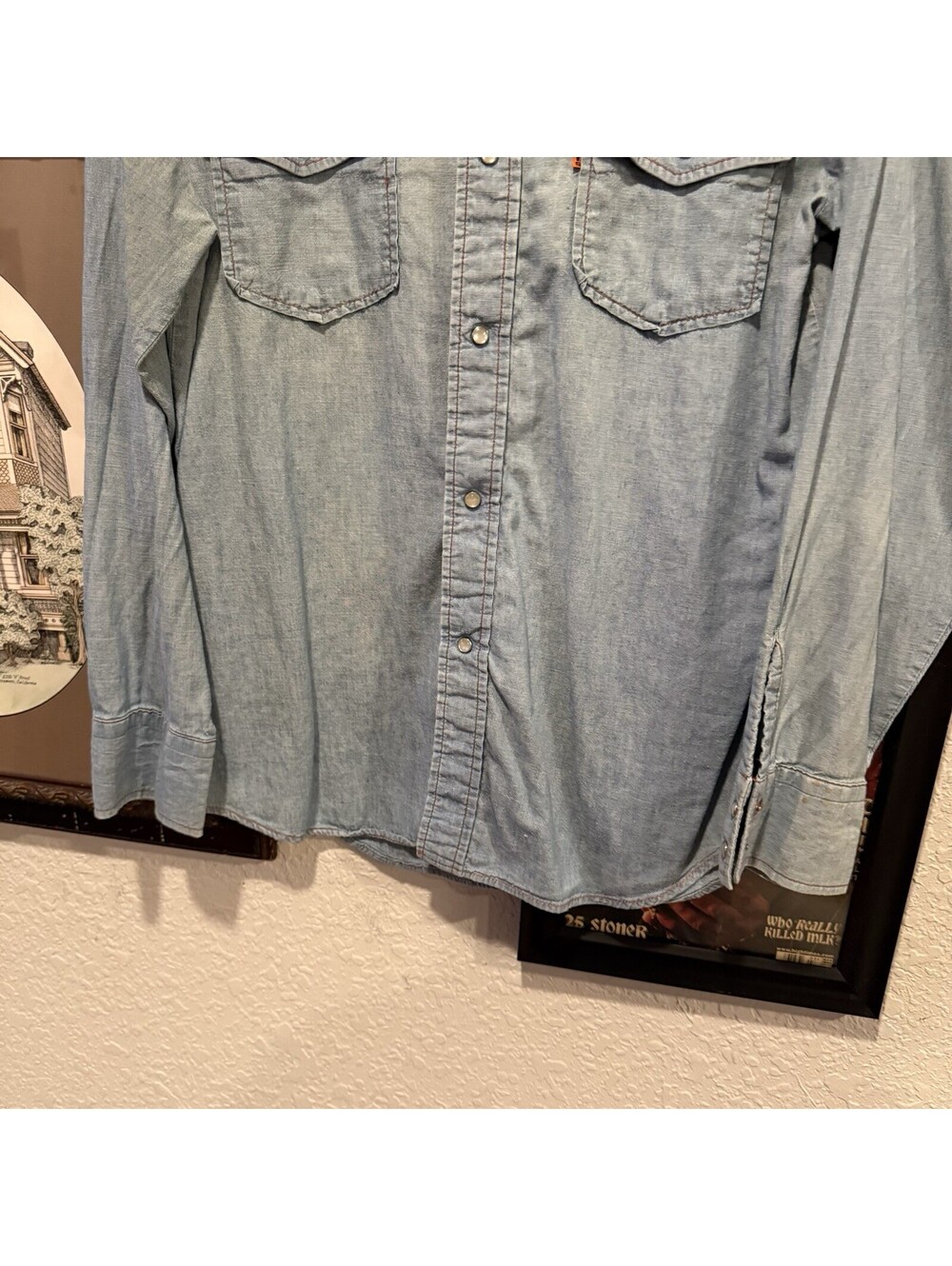Vintage 70s Levi’s Chambray Hand Embroidered Western Button Shirt Size Medium - Picture 5 of 8